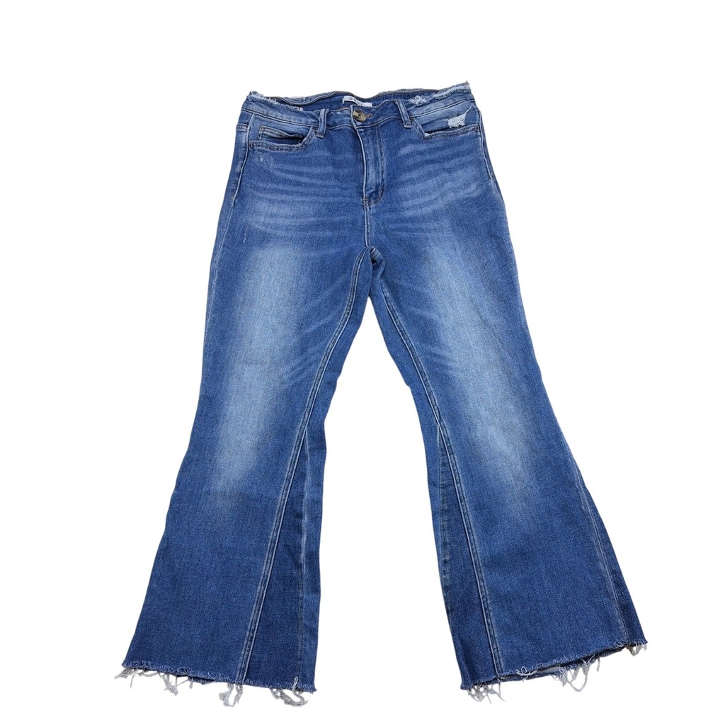SP Black High Rise Flare Jeans Medium Wash Frayed Raw Hem Distressed Size 30
